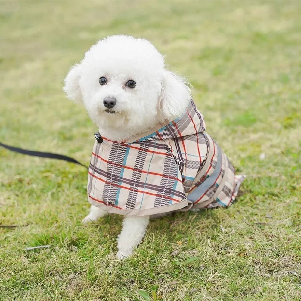 Dog Raincoat Hooded Slicker Poncho with Leash Hole Beige M